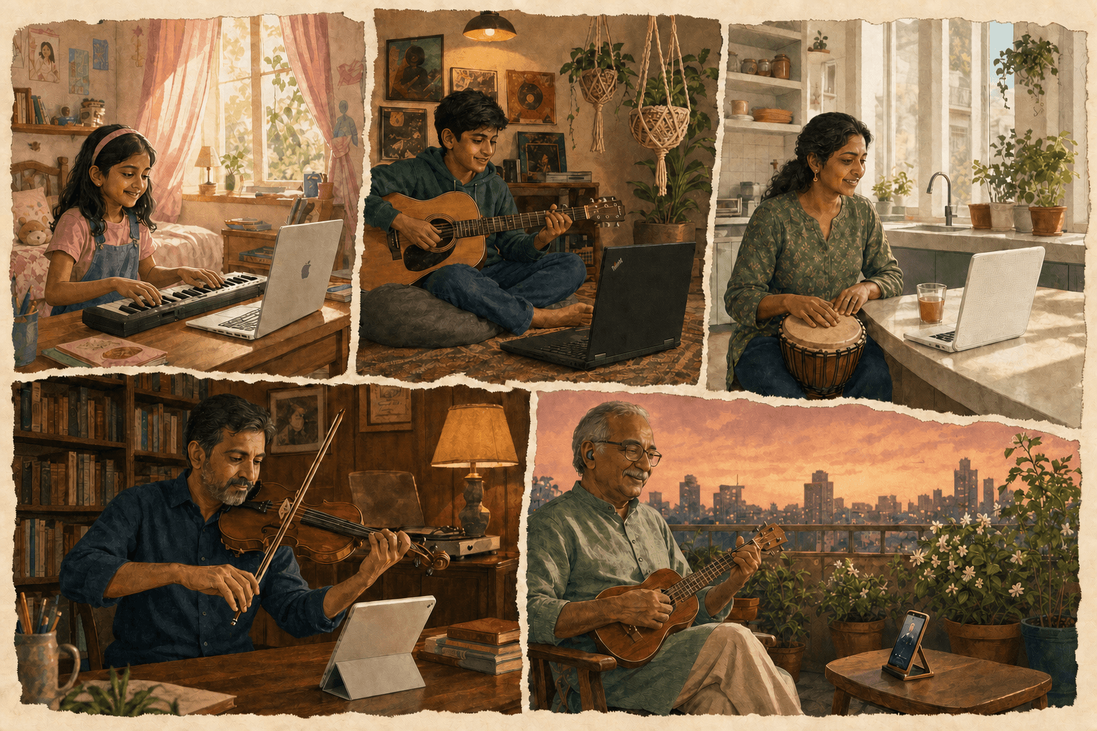 People of all ages joining the live online workshop from their own homes, each in a different room with a different device