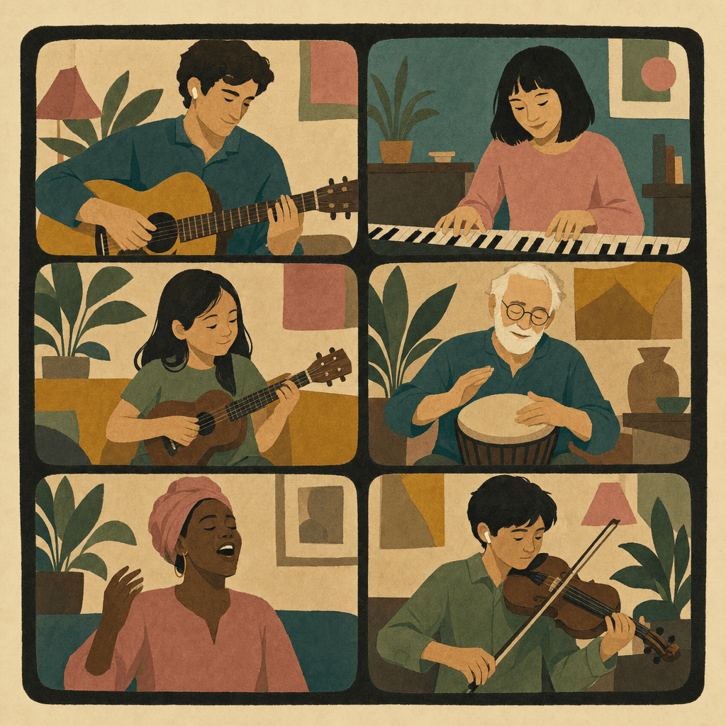 A video-call grid of people of all ages each playing a different instrument from home