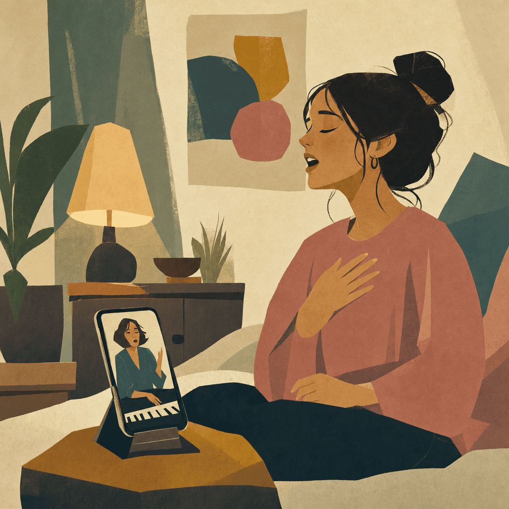 A person at home singing along with a live music teacher on their phone