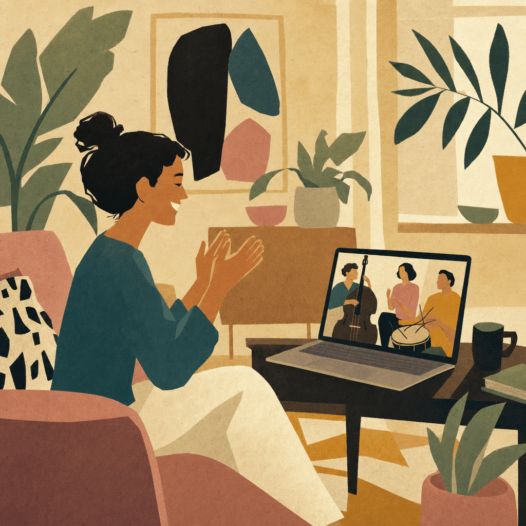 A person at home clapping along to a live music workshop on their laptop