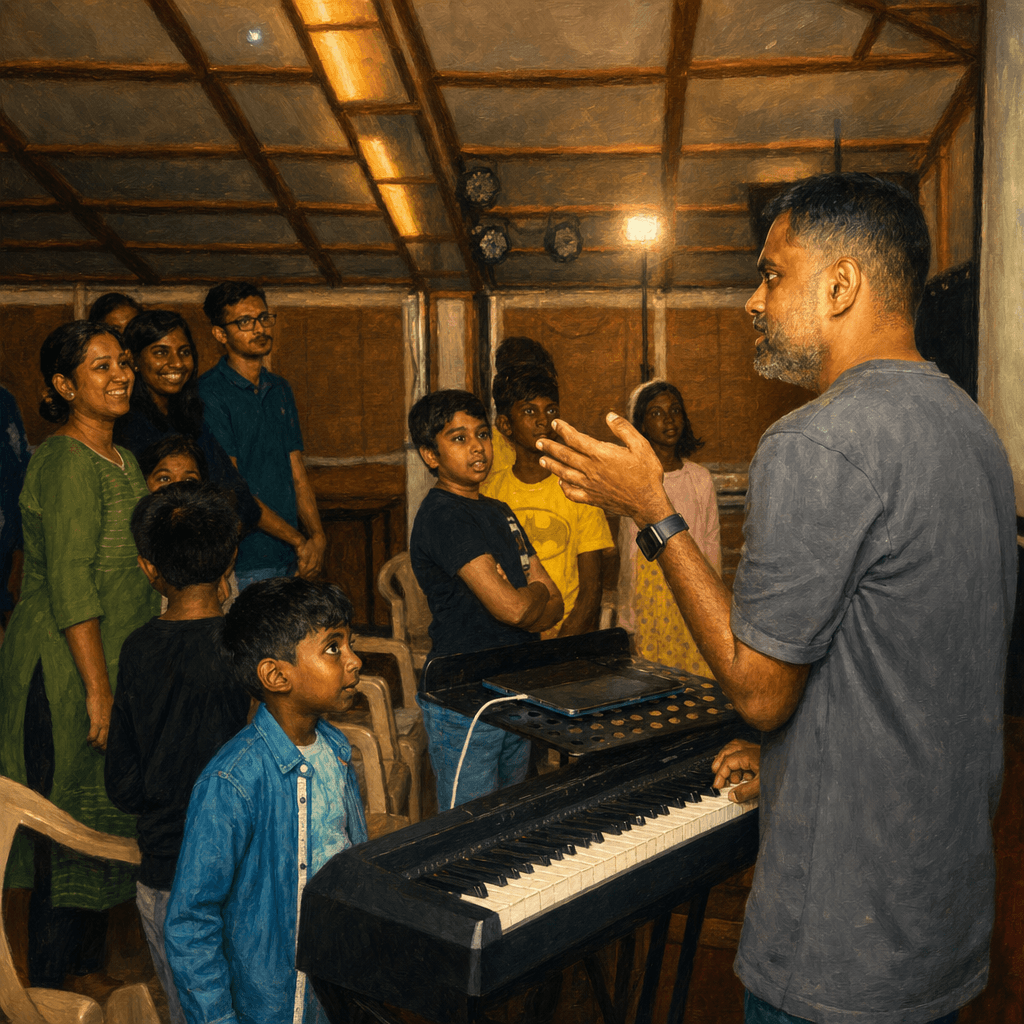 Jason at the keyboard explaining an idea to a small group gathered around