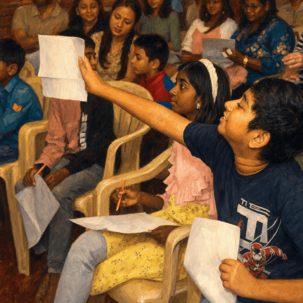 A young participant proudly holding up a music exercise at a workshop