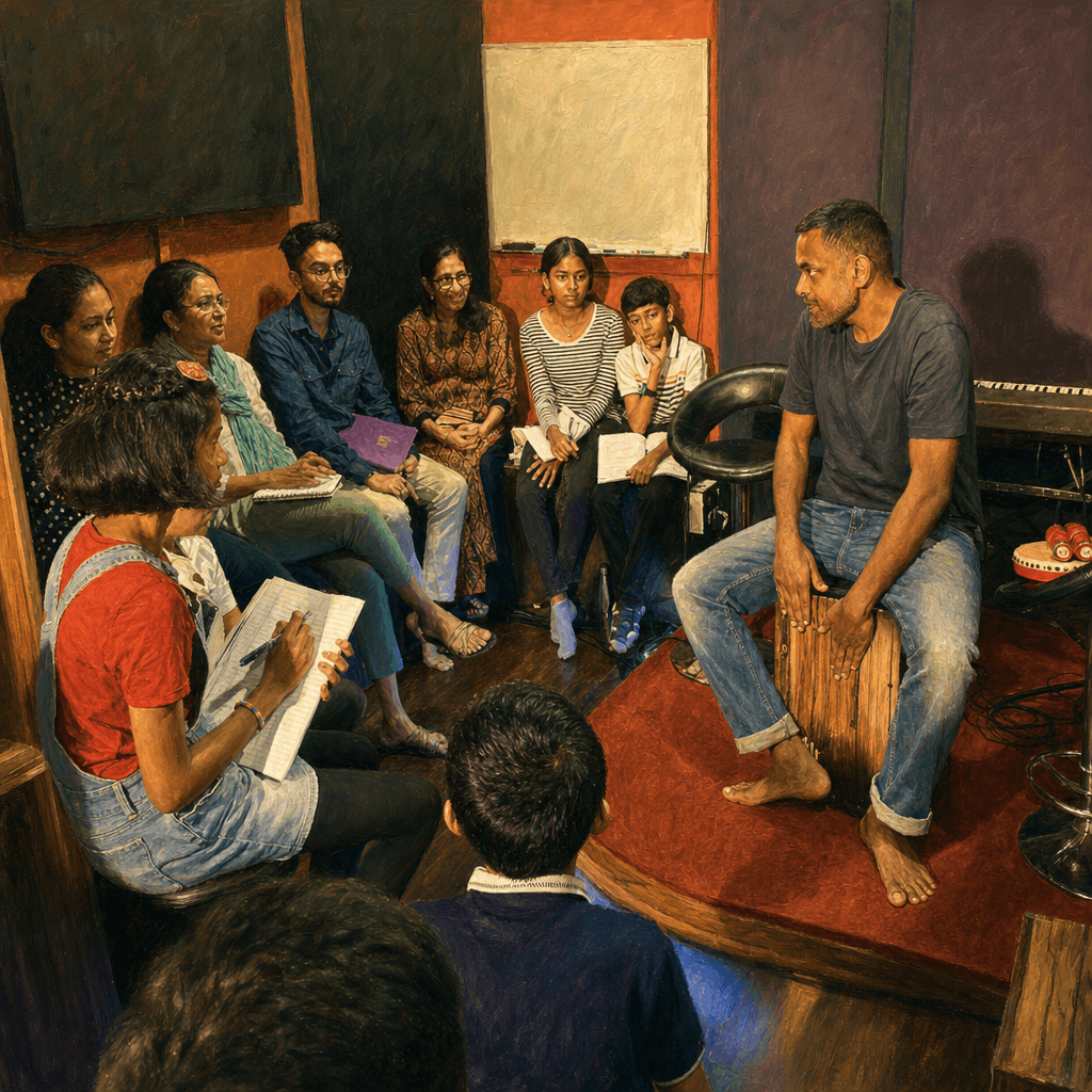 An intimate music workshop circle, the teacher leading from a hand drum