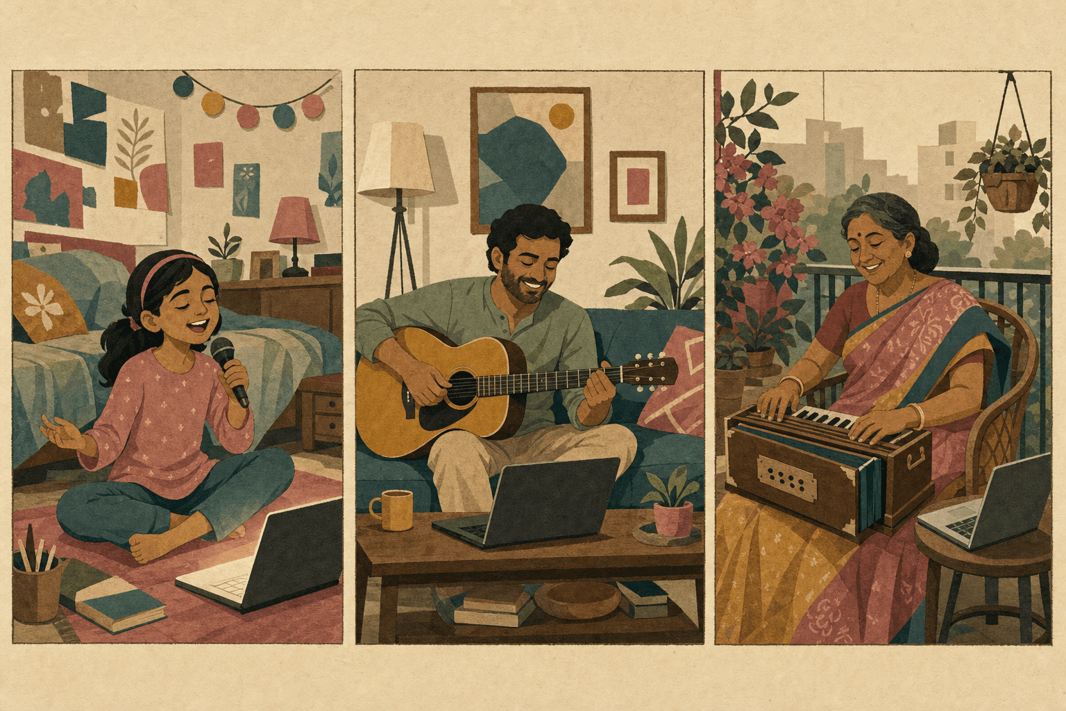 A child, a working adult, and a retired neighbour each making music at home